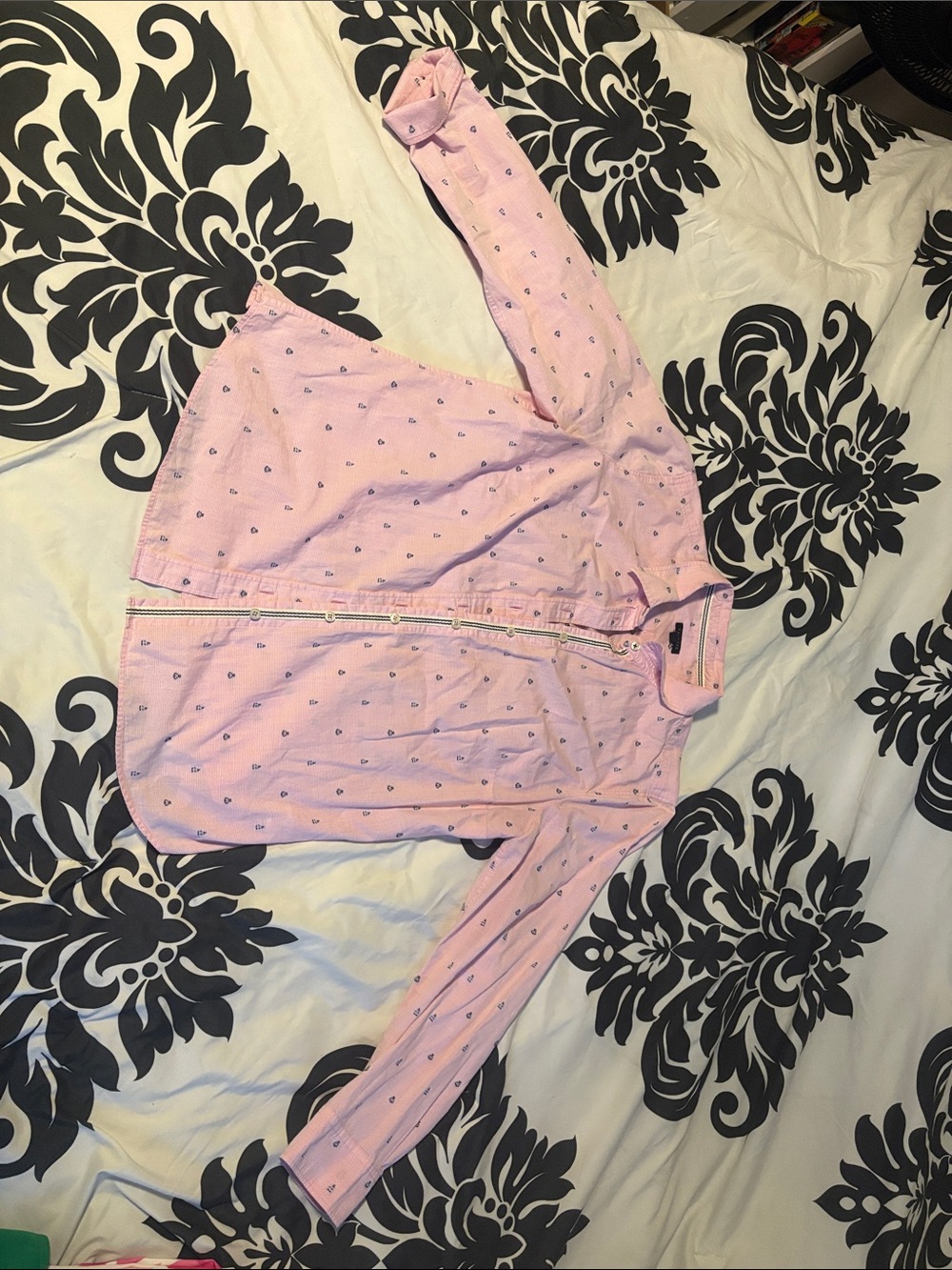 Talbots Pink Button-Front Long-Sleeve Nightshirt with Tiny Navy Motif